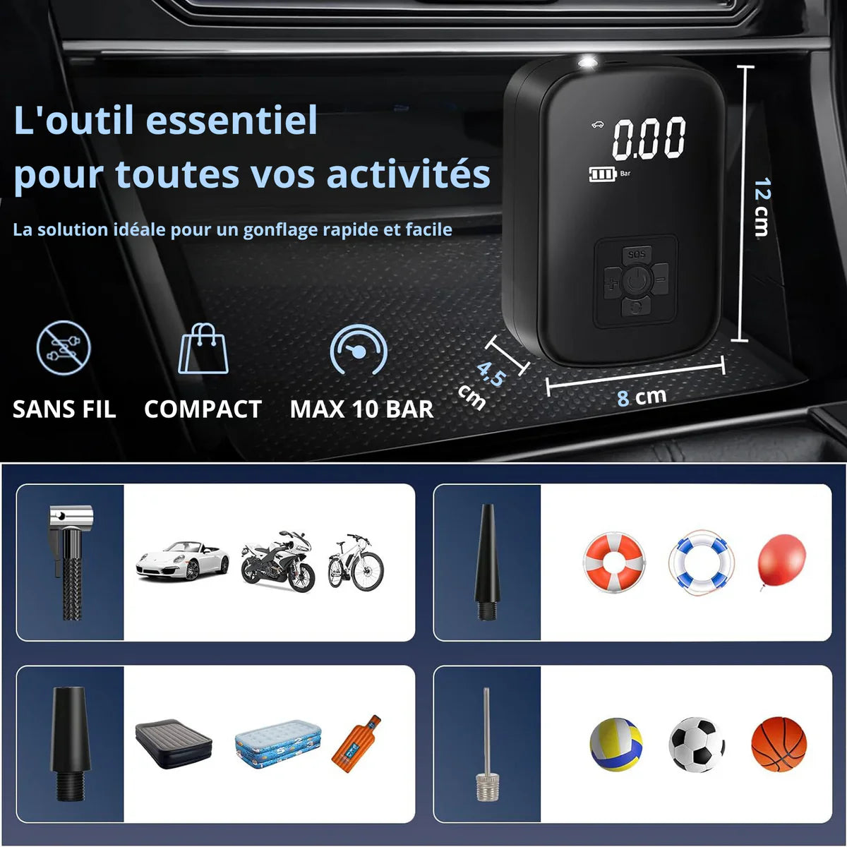 Gonfleur Portable HELLOLEIBOO – Ultra Compact et Puissant (Voiture, Vélo, Moto)